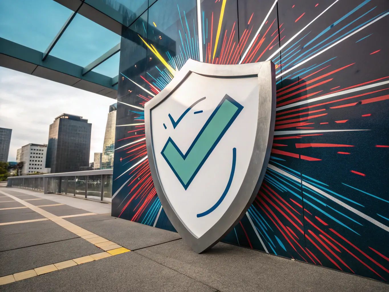 An illustration of a shield with a checkmark inside, symbolizing the strong security and privacy features of Surfshark. The background should be a gradient of blue and purple, conveying a sense of trust and innovation.