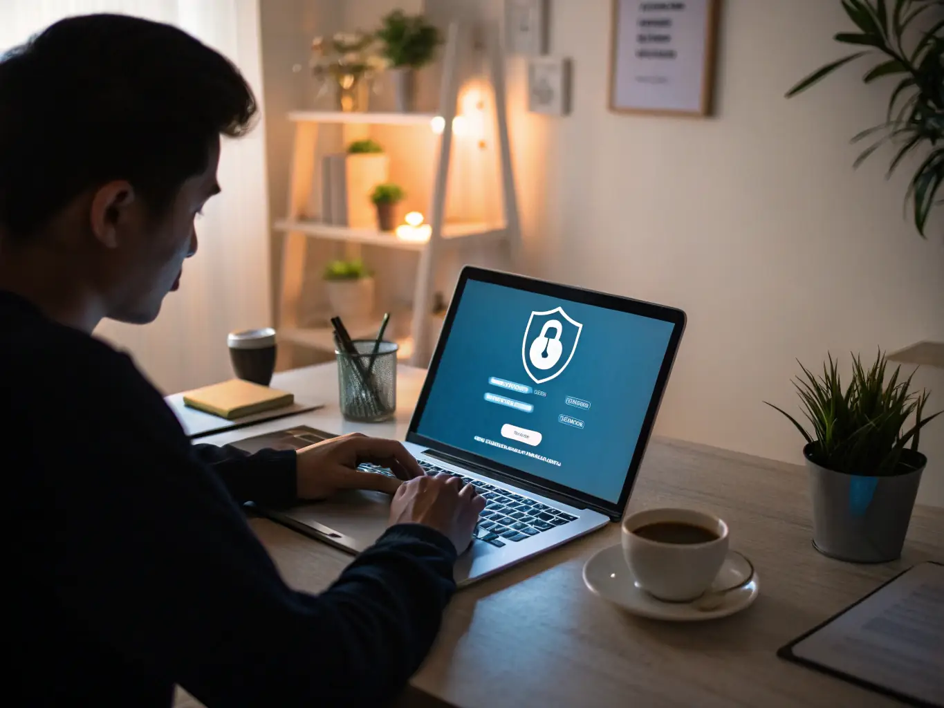 A clean, professional image showcasing a secure VPN connection on a laptop, with a padlock icon symbolizing security and privacy. The background should be a blurred cityscape at night, emphasizing the importance of online protection in a connected world.