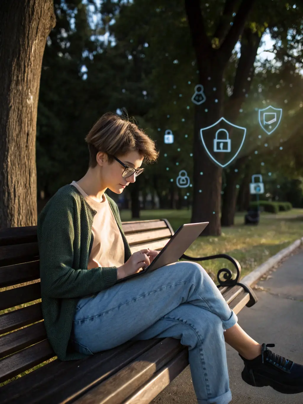A blurred silhouette of a person using a laptop in a public place, emphasizing the importance of VPNs for privacy.